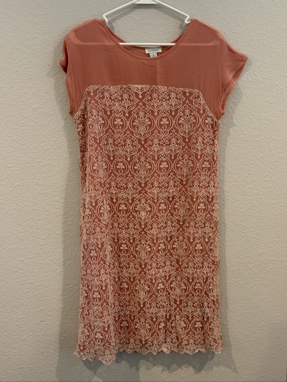 Sundance Womens Classic Casual Pink Cream Embroidered Short Sleeve Mini‎ Dress S